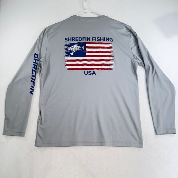 Shredfin Fishing Shirt Mens Large Long Sleeve Grey w/ USA Flag Print Performance - Picture 7 of 14